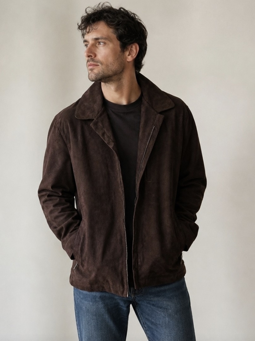 Dockers Men's Dark Brown Faux Suede Zip Jacket Classic Med Vintage